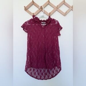 Women's Burgundy Red Lace Short Sleeve Shirt Blouse